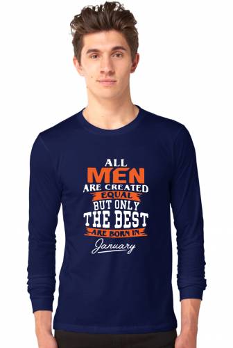 All Men Are Created In January Full Sleeve Tshirt Navy,BrandnameCotton T-shirt for Men