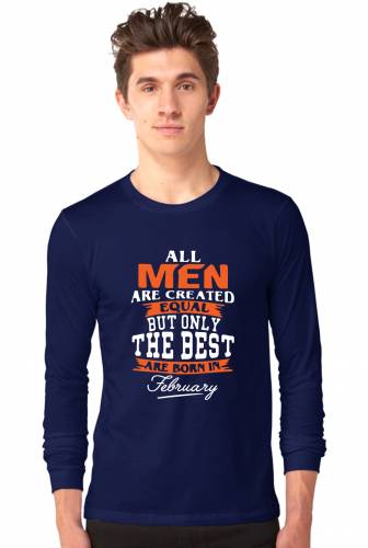 All Men Are Created In February Full Sleeve Tshirt Navy,BrandnameCotton T-shirt for Men