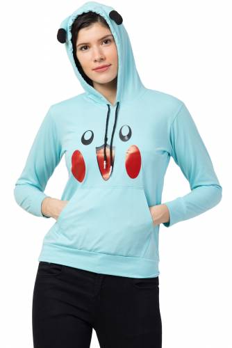 Haasimart Women Hoodies T-Shirt with Two Pockets, Full Sleeve, Cartoon Printed, Sky Blue Colour