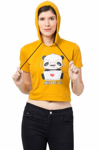 Haasimart Women Hoodies T-Shirt in Yellow Colour, Crop type with Cartoon Print