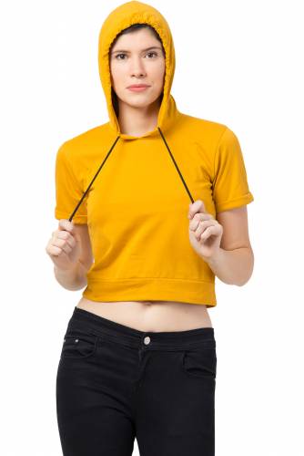 Haasimart Women Hoodies T-Shirt In Yellow Colour, Crop Type