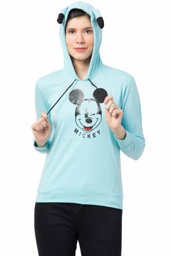 Haasimart Women Hoodies T-Shirt With Two Pockets, Full Sleeve, Cartoon Printed, Sky Blue Colour
