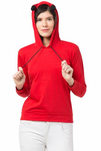 Haasimart Women Hoodies T-Shirt With Two Pockets, Full Sleeve, Solid Red Colour