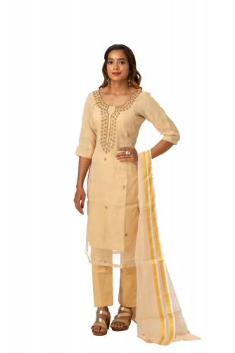 MADHULIKA KOTA DORIA MAGGAM WORK  UNSTICHED DRESS MATERIAL WITH PLAIN BOTTOM