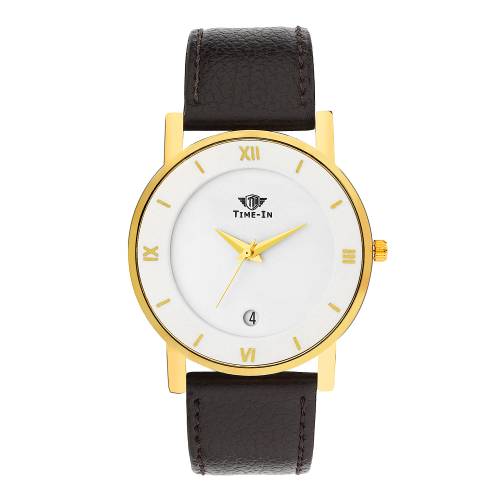 Time-In Analogue Date Functioning Men's Watch ( White Dial Brown Colored Strap )