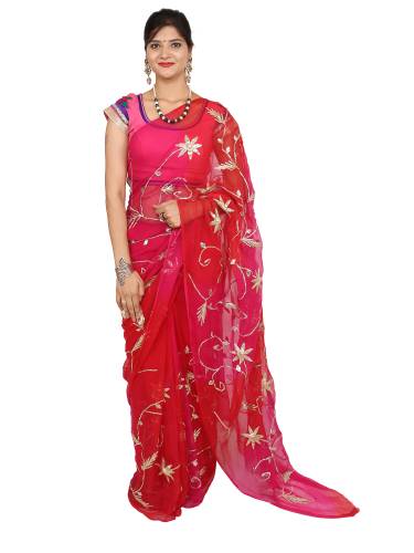 SAARVI Multi color shaded hand dyed gotta handwork party wear chiffon saree with running blouse 