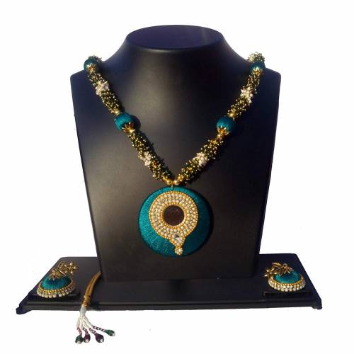 Tanu Art Craft Green Pearl Silk Thread Necklace With Earring Set For Ladies