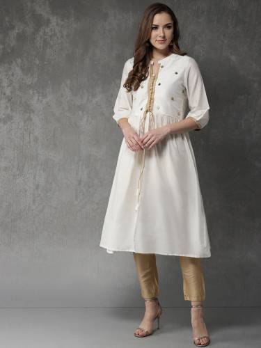 Anouk Women White & Golden Solid A-line Kurta with Trousers