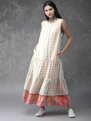 Anouk Women Off-White & Pink Woven Design Tiered A-Line Kurta