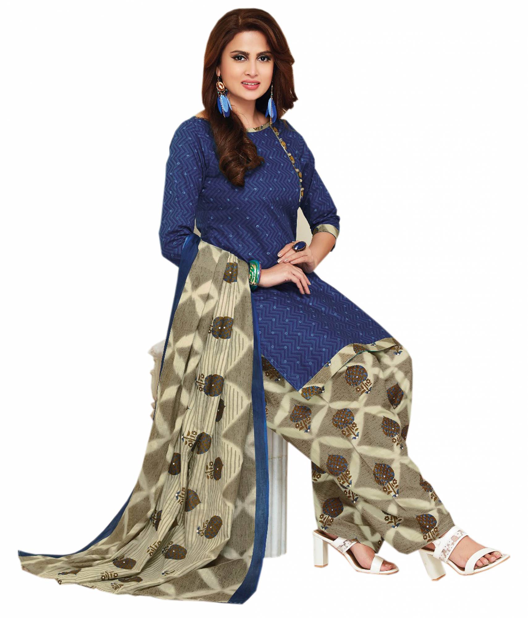 Women's Printed Cotton Suit With embroidered neck and border strip and Pure  Cotton Dress Material, Along with Printed Pure Chiffon Designer Dupatta.