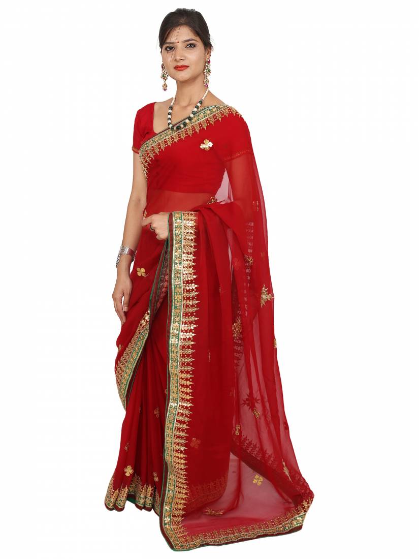 A beautiful red chiffon saree enriched with gold brocade border with  sequince and orange color blouse piece with border | Saree designs, Party  wear sarees, Women